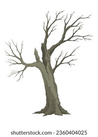 Antiguo árbol muerto, áspera corteza espeluznante, silueta seca de rama desnuda. Bosque de miedo vectorial, tronco sin hojas. Concepto de problemas ecológicos naturales. Icono aislado de plantas de temporada de invierno o otoño