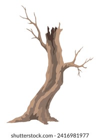 Old dead tree, rough spooky bark, dry naked branch silhouette. Vector scary forest, leafless trunk. Nature ecology problems concept. Winter or autumn season plants icon isolated