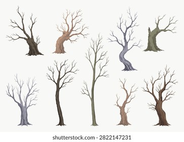 Old dead tree set. Hand draw leafless trunks. Winter or autumn season plants icons, dry naked branch silhouette. Nature ecology problems concept. Isolated vector illustration