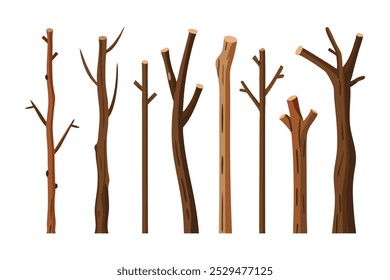 Old dead wood stick set isolated flat vector illustration on white background