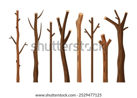 Old dead wood stick set isolated flat vector illustration on white background