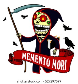 The old Death with a scythe and a book of life. Vector flat and linear Illustration of skeleton. Web banners, advertisements, brochures, business templates. Isolated on a white background.