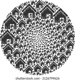 Old decayed house icons are scattered into sphere collection. Old decayed house icon spheric mosaic. Abstract spheric cluster collage is designed from old decayed house icons.