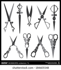 Old decorated scissors vector silhouettes collection. Victorian style scissor vector silhouettes. Collection of decorative scissors.