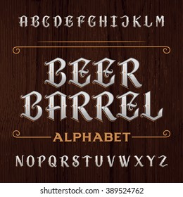 Old decorative alphabet font. Type letters on the dark wooden background. Vintage vector typeface for labels, headlines, posters etc.