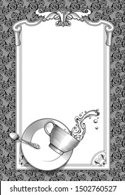 Old decorative frame and falling coffee cup with spilling water, saucer and spoon. Cafe menu template. Vintage engraving stylized drawing. Vector 
illustration