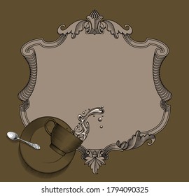 Old decorative frame and falling coffee cup with spilling water, saucer and spoon. Cafe menu template. Vintage color engraving stylized drawing. Vector illustration