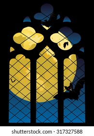 Old decorative Gothic window and big yellow moon.