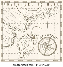 Old decorative stylized abstract hand drawn map with route and wind rose