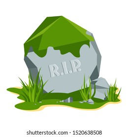 Old decrepit grave in a cemetery. Mossy warped gravestone. Monsters, zombies, evil spirits. Decoration for Halloween. Flat vector cartoon icons on white background.
