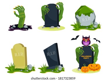 Old decrepit grave in a cemetery. Mossy warped gravestone. Monsters, zombies, evil spirits. Decoration for Halloween. Flat vector cartoon icons on white background.