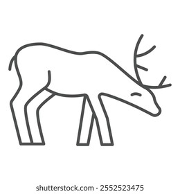Ícone da linha fina do veado velho, conceito de vida selvagem animal da floresta. Gráficos vetoriais. Veado animal dobrado sobre o sinal no fundo branco, ícone de estilo de contorno para design móvel ou web
