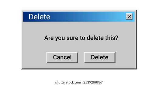 Old delete message on screen. Notification about digital trash. Retro pop up window.