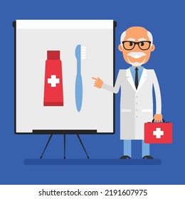 Old Dentist Points To Flip Chart With Picture Toothpaste And Toothbrush. Flat People. Vector Illustration