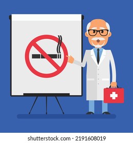 Alte Zahnärzte zeigen auf Flip-Chart mit Bild-Stopp-Raucher-Schild. Flache Leute. Vektorgrafik