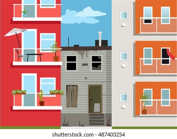 Old derelict house stuck between two new modern apartment building, EPS 8 vector illustration