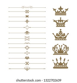 Old design elements: borders, crown, scroll for graphic design, vector set