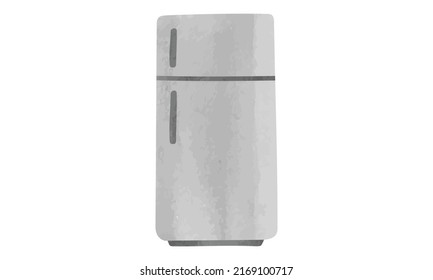 Old Designed Refrigerator Watercolor Style Vector Illustration Isolated On White Background. Refrigerator Simple Clipart. Silver Fridge With Two Compartments Hand Drawn Cartoon Style. Fridge Clipart