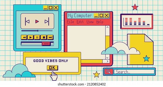 Old desktop background with copy space frame for quote or text. Old computer folders, fun cartoon apps, window boxes and retro character elements.