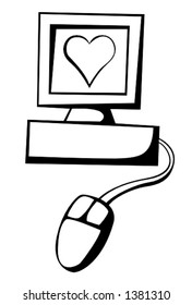 old desktop computer with a heart displayed on its screen black and white illustration