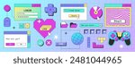Old desktop pc screen elements in y2k style. Retro computer interface with login box, buttons, message frames, windows, folder with files, game controller, search bar, pixel heart icon. Geek stickers.