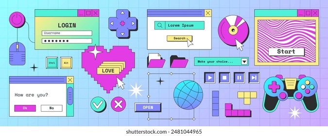 Old desktop pc screen elements in y2k style. Retro computer interface with login box, buttons, message frames, windows, folder with files, game controller, search bar, pixel heart icon. Geek stickers.