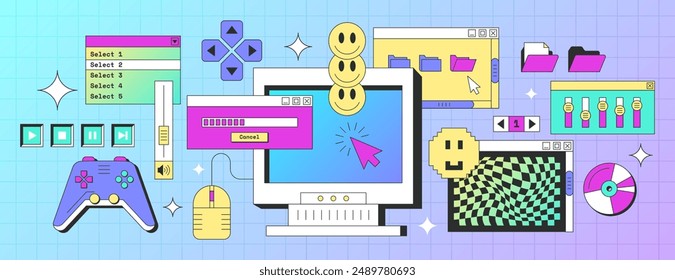 Old desktop pc screen elements in trendy y2k style. Retro computer interface with windows, buttons, message frames, folder with files, game console, mouse cursor and smile face icons. Geek sticker set