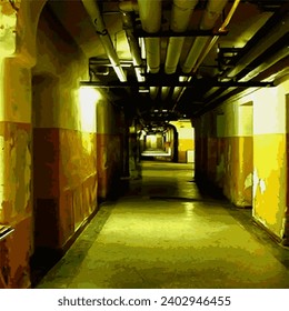 Old destroyed abandoned hospital tunnel basement wirh ghost