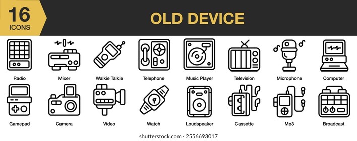 Old Device icon set. Includes music player, telephone, television, microphone, mp3, cassette, and More. Outline icons vector collection.