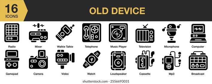 Old Device solid icon set. Includes music player, telephone, television, microphone, mp3, cassette, and More. Solid icons vector collection.