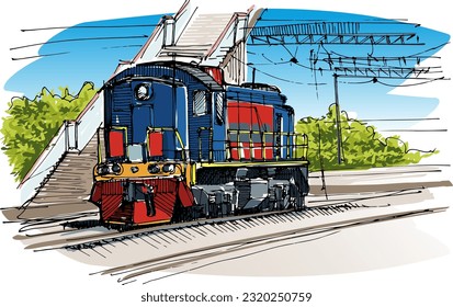 Una vieja locomotora diesel se para en las vías de una estación de tren provincial - un sketch hecho a mano