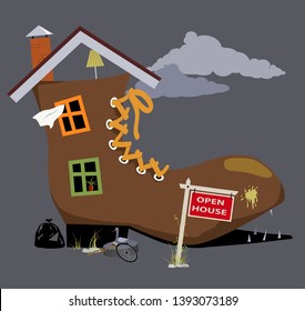 Old dilapidated shoe house with open house sign near it, EPS 8 vector illustration