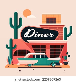 Old diner with cafe and parking in desert. Vector cartoon illustration of desert landscape with small hotel building with billboard and road with car