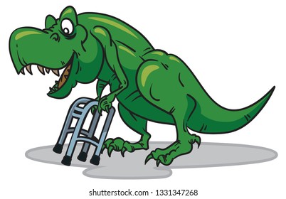 old dinosaur leaning on walker vector illustration
