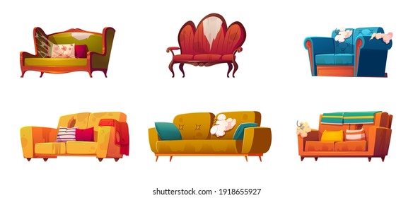 Old dirty couches with torn upholstery and sticking springs. Vector cartoon set of broken furniture for living room, old sofas with pillows and spiderweb isolated on white background