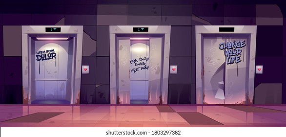 Old dirty hallway with open and closed elevator doors. Vector cartoon illustration of empty lobby interior with broken lifts and graffiti on wall. Messy hall in house in ghetto area