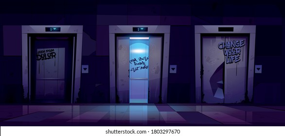 Old dirty hallway with open and closed elevator doors at night. Vector cartoon illustration of empty dark lobby with broken lifts and graffiti on wall. Messy hall interior in house in ghetto area