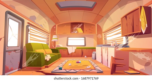 Old dirty interior of camper with broken furniture. Vector cartoon illustration of abandoned camping van with mess, crack in floor, torn couch, trash and spiderweb. Empty living room in trailer car