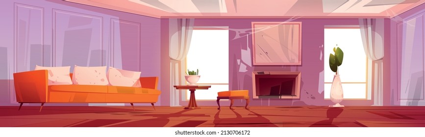 Old dirty living room in abandoned house. Vector cartoon illustration of empty home interior with mess, worn out furniture, broken wooden floor and fireplace need repair and renovation - Shutterstock ID 2130706172