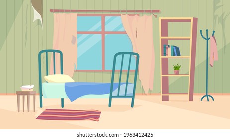 Old dirty room interior, banner in flat cartoon design. Abandoned apartment inside with bed, bedside table, window with damaged curtains, bookshelf and decor. Vector illustration of web background