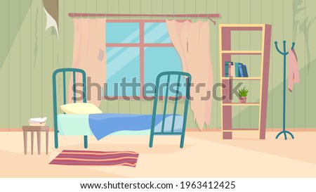 Old dirty room interior, banner in flat cartoon design. Abandoned apartment inside with bed, bedside table, window with damaged curtains, bookshelf and decor. Vector illustration of web background