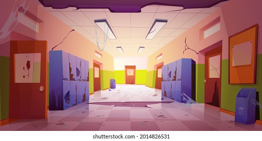 Old dirty school hallway with broken lockers