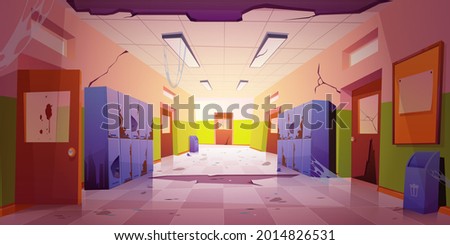 Old dirty school hallway with broken lockers