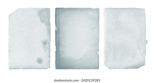 Old dirty stained paper pages with ripped edges. Vintage gray blue sheets, isolated on transparent background