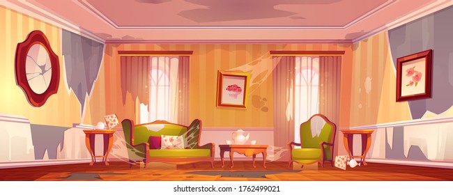 Old Dirty Victorian Living Room With Broken Furniture. Vector Cartoon Illustration Of Empty Abandoned Home Interior With Messy Couch And Wall, Torn Curtains, Crushed Mirror And Broken Wooden Floor