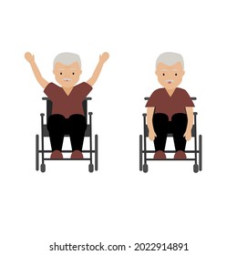 Old disabled man exercise in wheelchair.Disability and rehabilitation concept. Vector illustration.