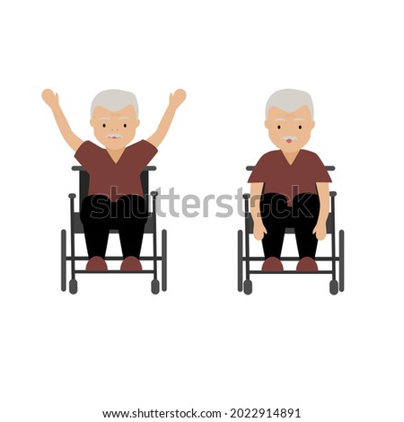 Old disabled man exercise in wheelchair.Disability and rehabilitation concept. Vector illustration.