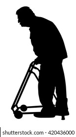 Old disabled man with walker vector silhouette. Senior walking with caregiver isolated on white background. Grandfather active life. Injured person rehabilitation after operation. Mature people active