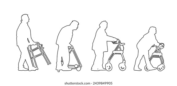 Old disabled people using strolls walker vector line contour silhouette. Mature invalid lady. Senior woman  nursing home. Old injured man active life medical support. Help assist tool health care.