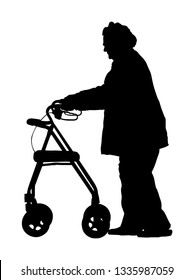 Old disabled woman using a walker vector silhouette illustration isolated on white background. Mature invalid lady walking. Grandmother in nursing home. Senior woman active life with medical support.